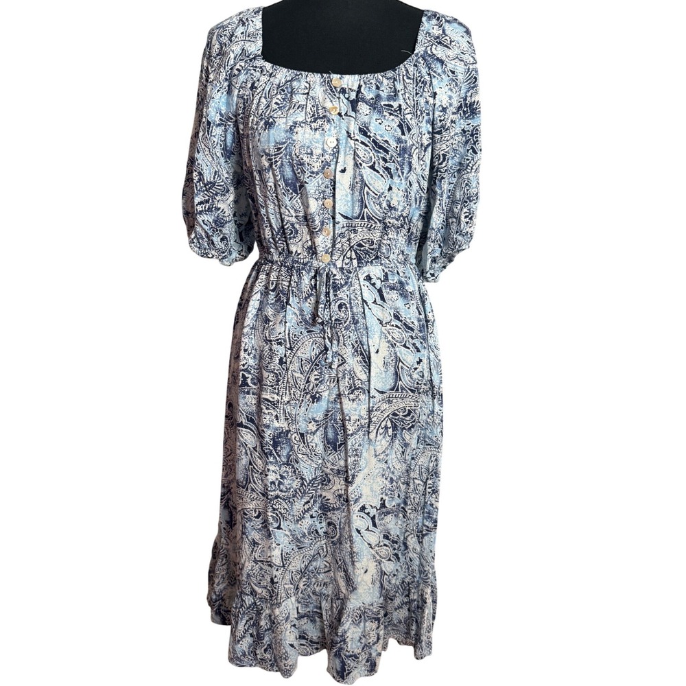 Indigo Rose Paisley Midi Dress Womens Blue White Boho Cottagecore
